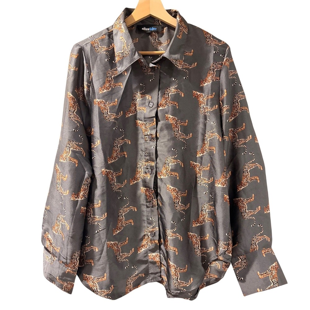 Alice Blue Satin Cheetah‎ Print Long Sleeve Blouse L Gray Workwear Casual Office